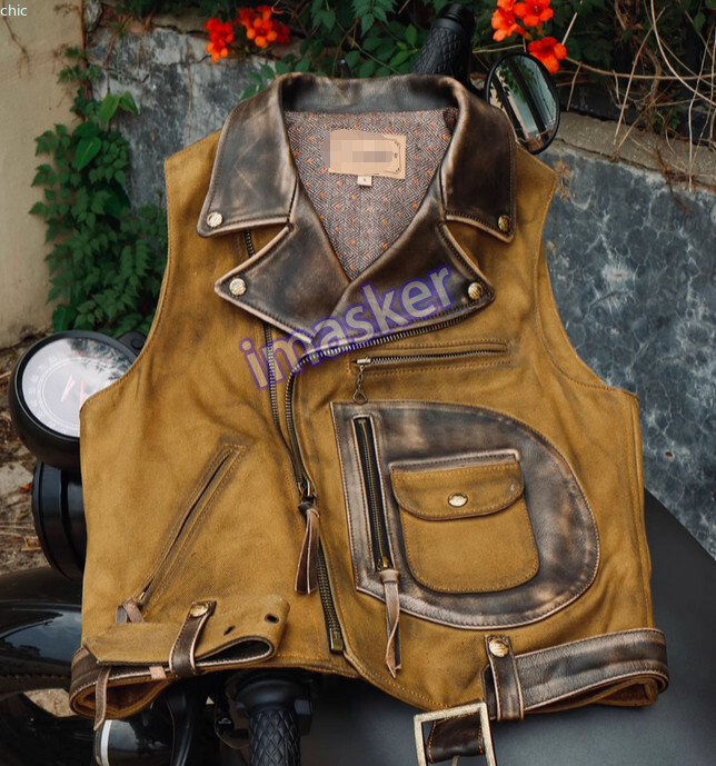 Canvas & Cowhide Patchwork Motorcycle Vest for Men - Short Gilet Waistcoat Jacket