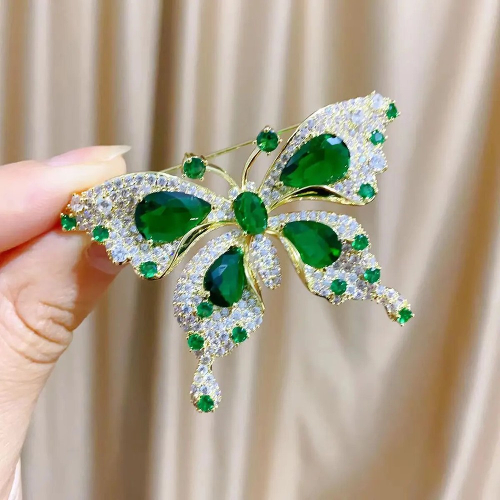 Women Girls Fashion Elegant Emerald Crystal Butterfly Brooches Jewelry