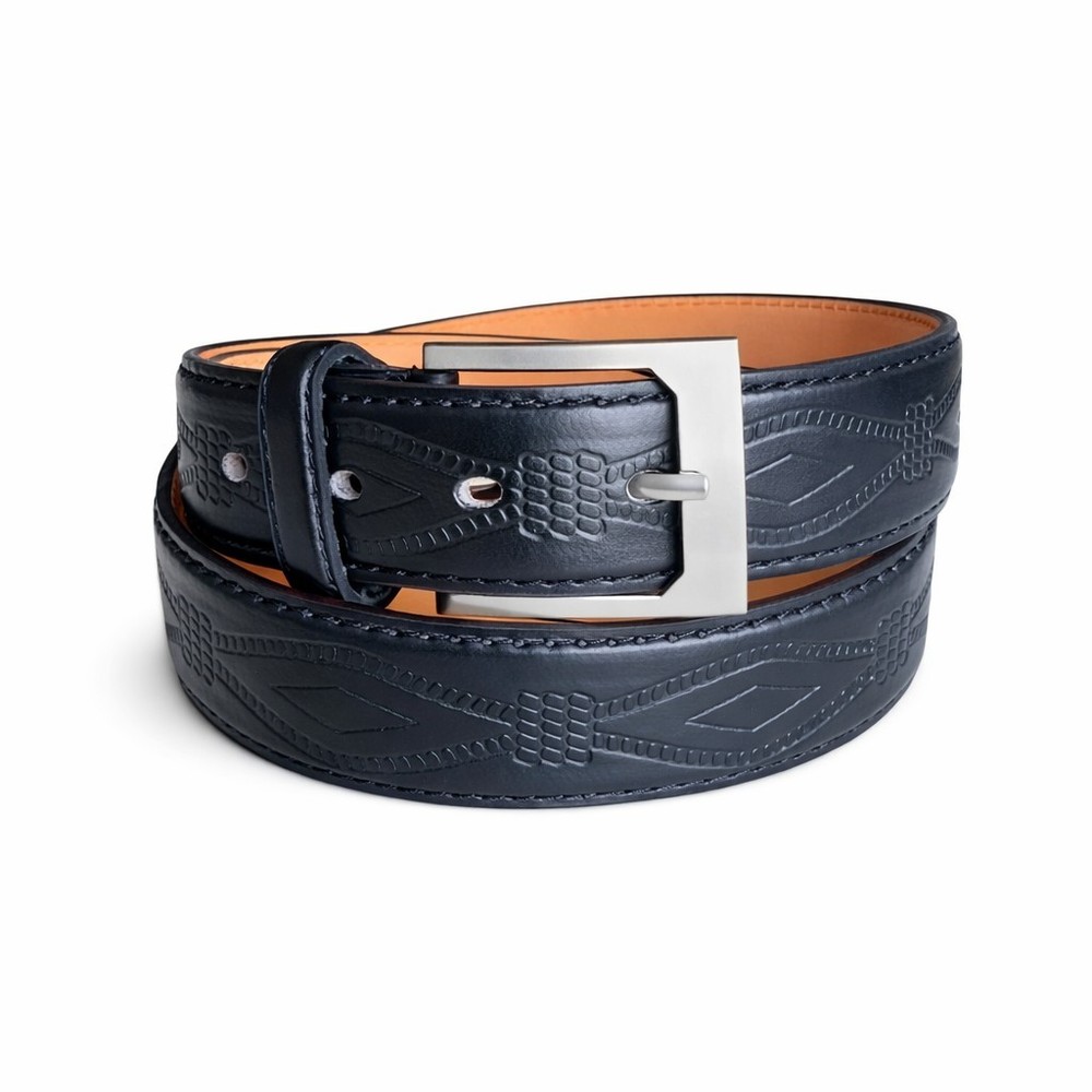 Men's Genuine Leather Black Belt Rope Pattern Embossed Matte Silver Screw Buckle