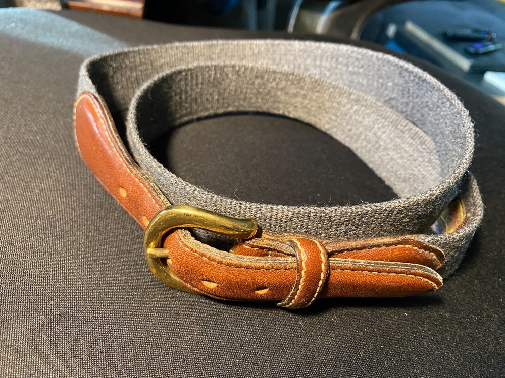 Trafalgar Belt Mens 36 Brass Leather Fabric Grey Brown