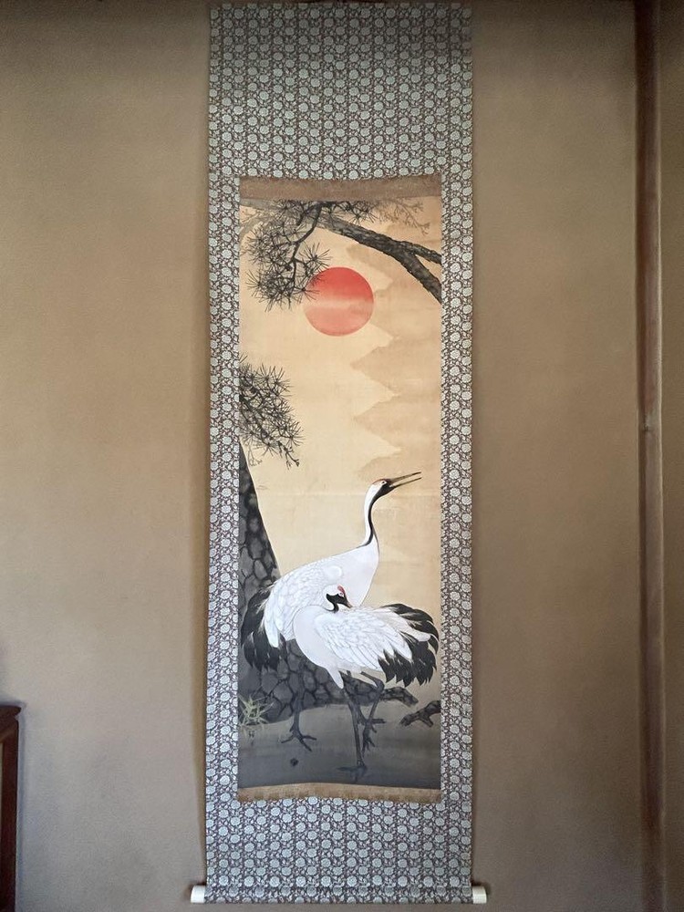 Antiques Sunrise Double Cranes Hanging Scroll By Zenko