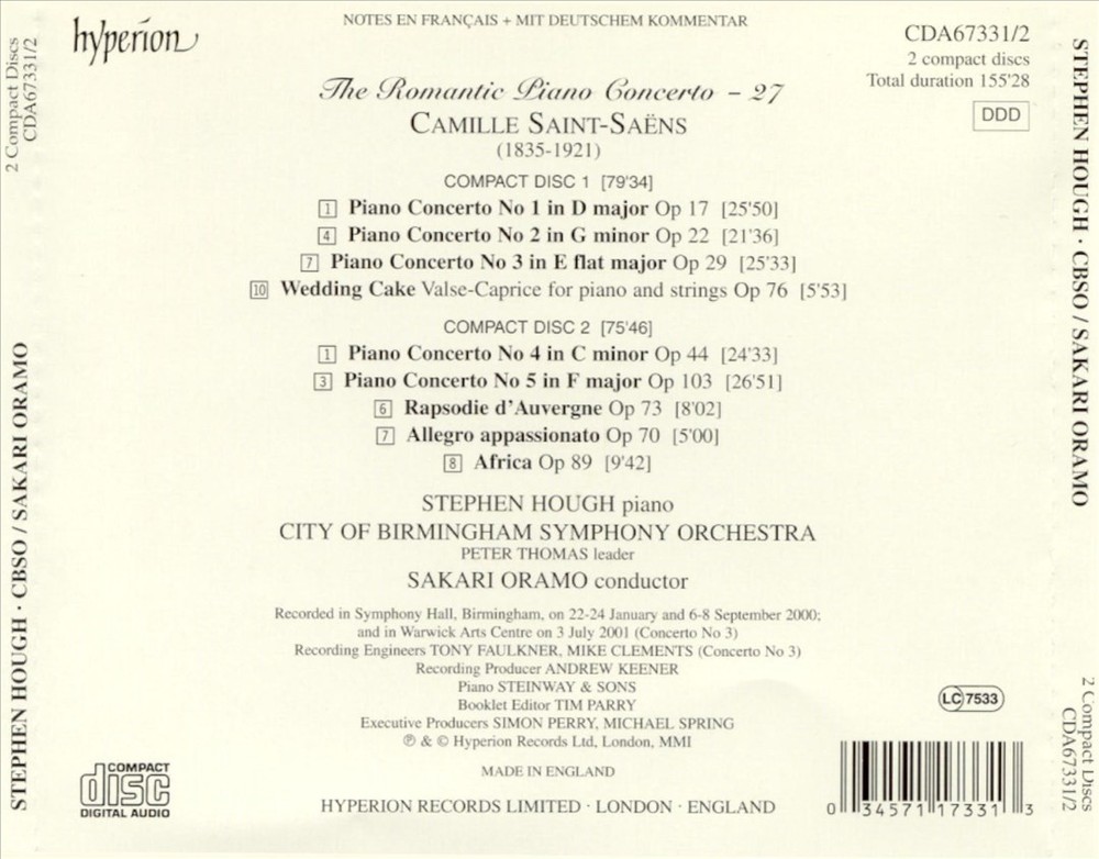 Saint-Saens Complete Piano & Orchestra Works by Hough Oramo CBSO CD 2001