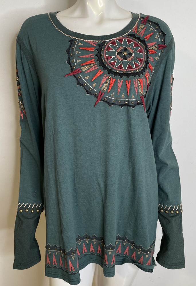 Double D Ranch Sun Chaser Long Sleeve Top Green Lake Breeze Embroidered NWOT-image