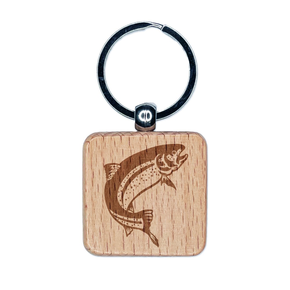 Rainbow Trout Jumping Fish Engraved Wooden Keychain Tag Charm  