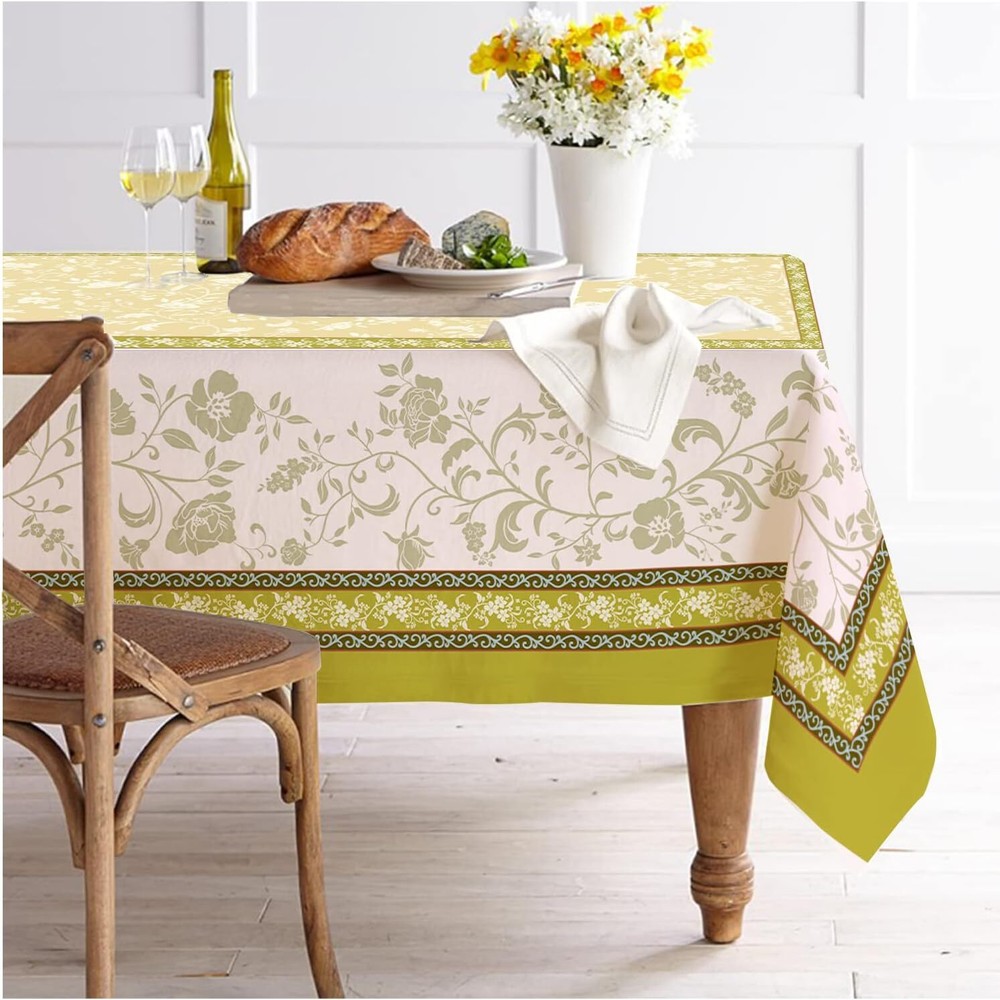 Green and Yellow Country Print Tablecloth,Cotton Linen Fabric Table Cloth,Washab