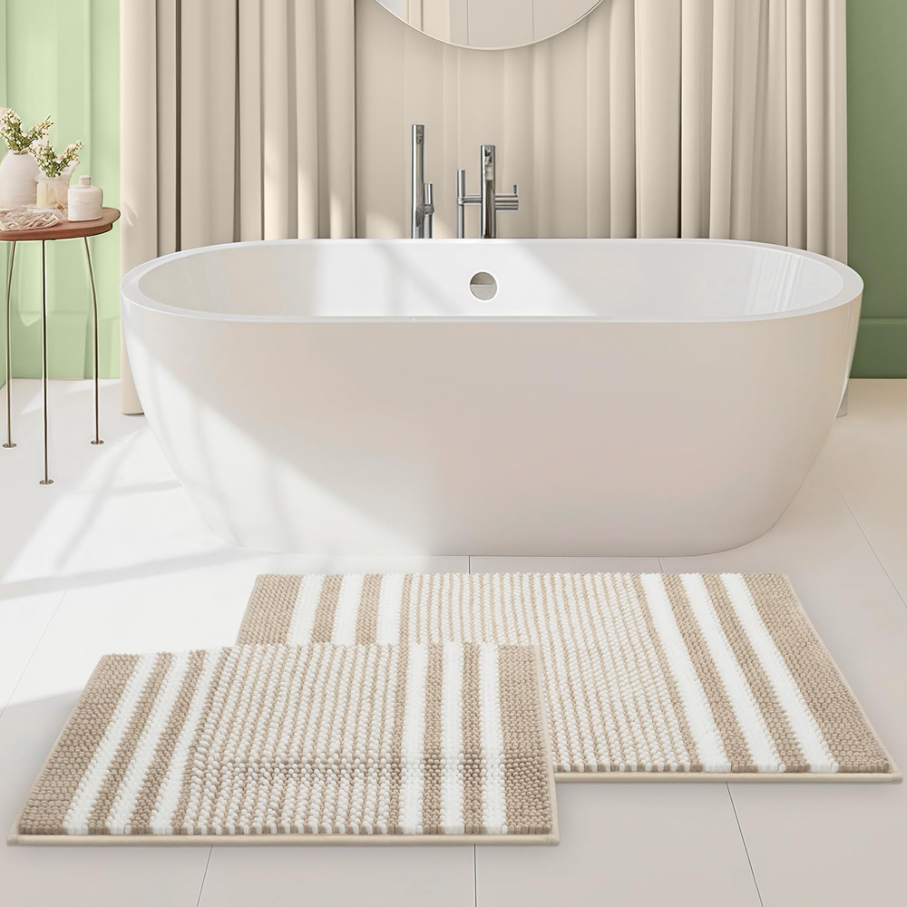 Soft Striped Chenille Bathroom Rug Set - 2-Piece Absorbent & Plush