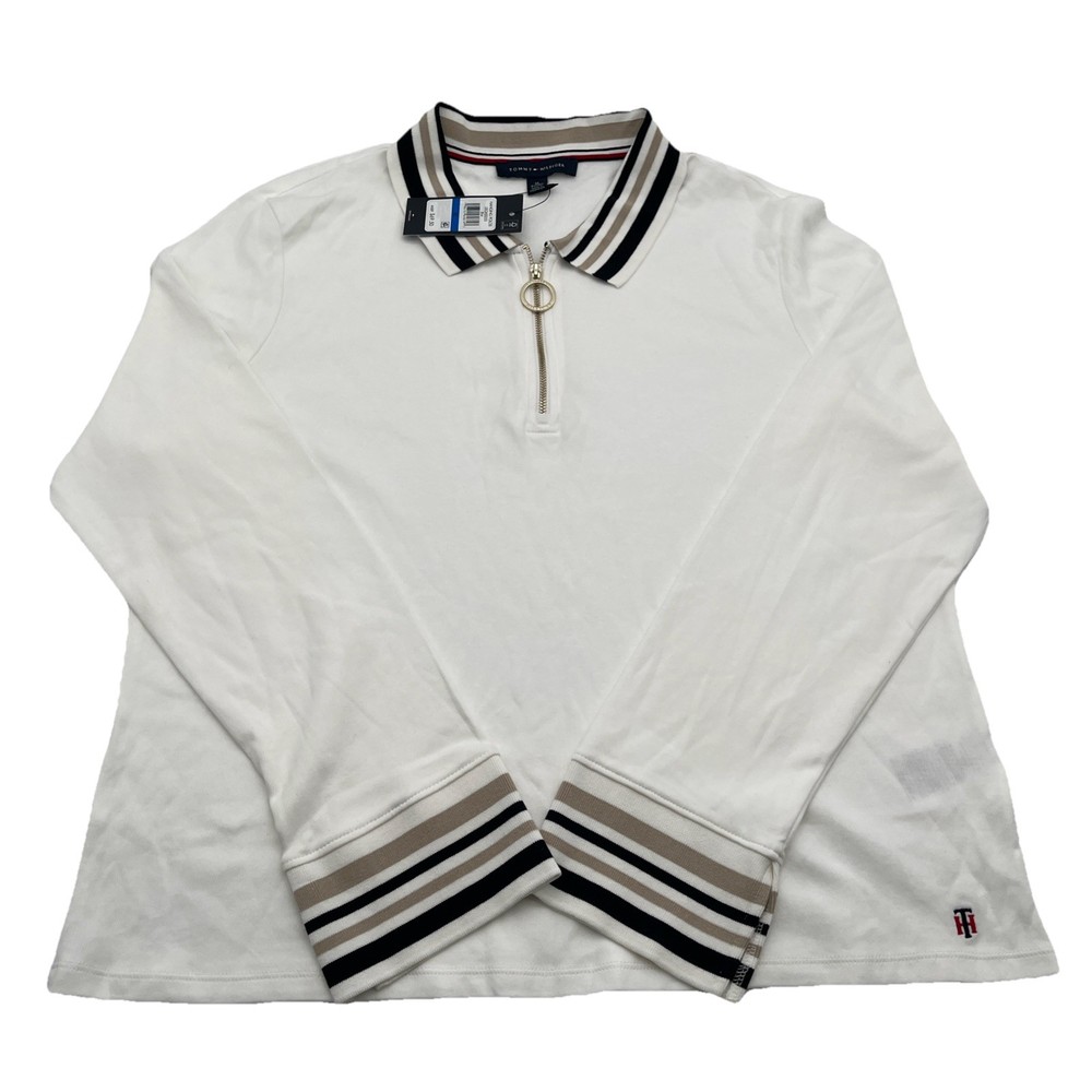 NWT Tommy Hilfiger Mens XL White Striped Wicking Long Sleeve Polo