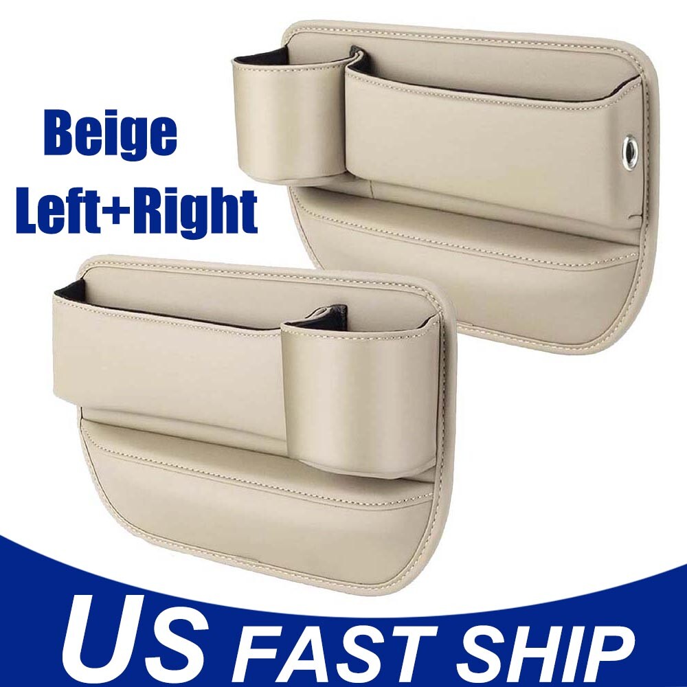Car Accessories Seat Gap Filler Storage Box Phone Holder Organizer PU Beige 2x