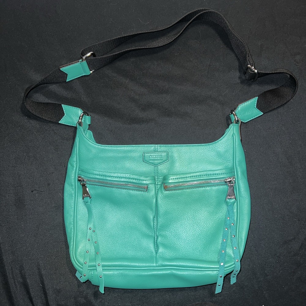 Aimee Kestenberg Green Pebble Grain Leather Crossbody Satchel 10x13x3 Excellent Condition