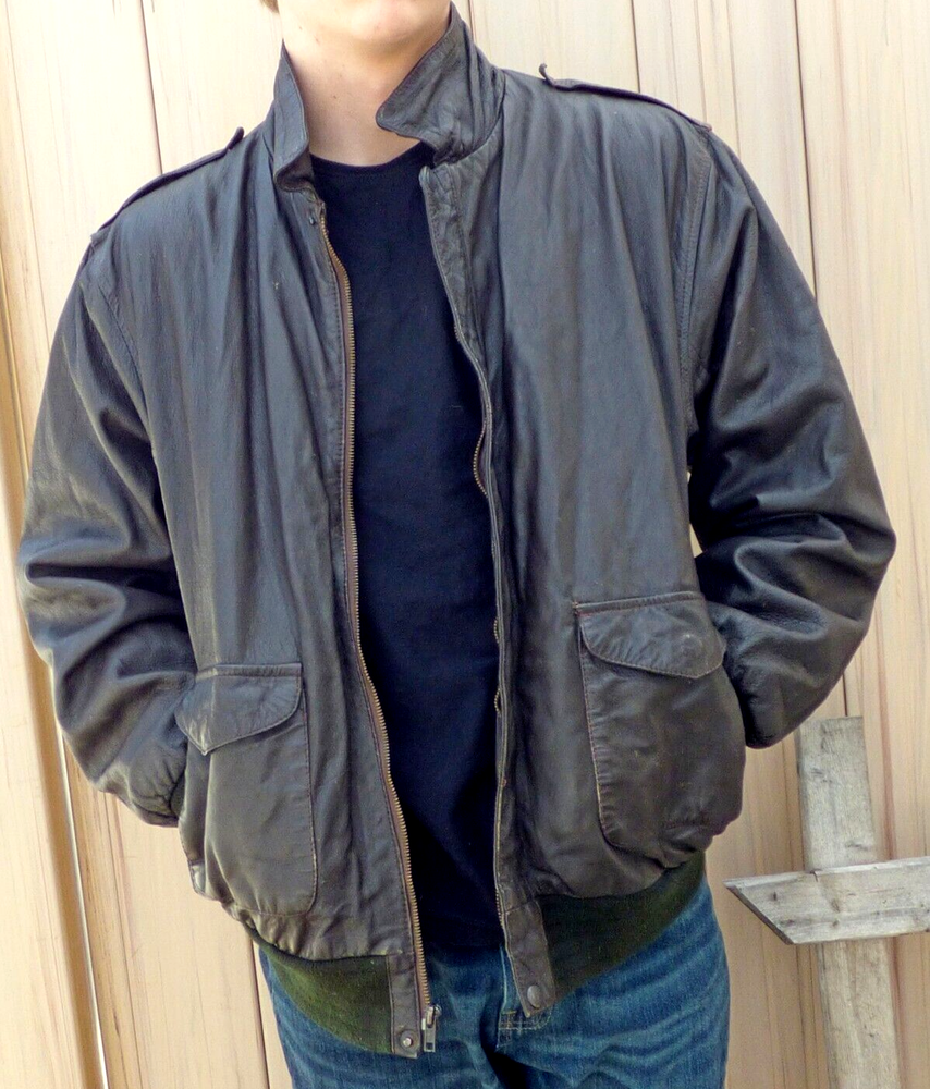 Vintage Burk's Bay Brown Leather Flight Bomber Jacket Men's Large Full Zip Ribbed Cuffs