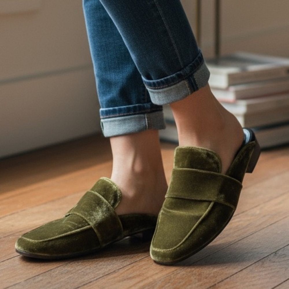 Free People Olive Green Crushed Velvet At Ease Loafers Mule Slides size 38
