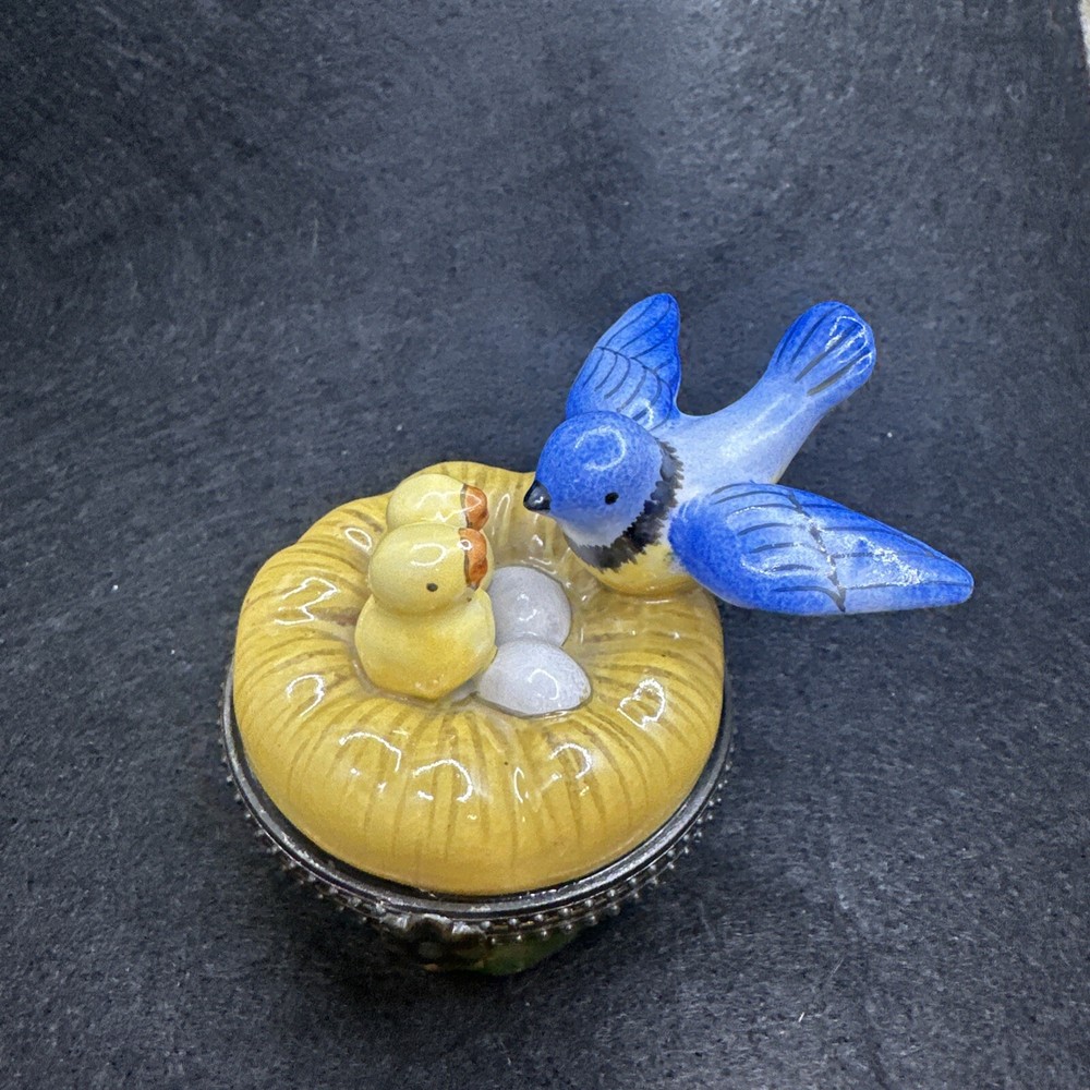 Hand Painted Blue Bird Feeding Time Trinket Box