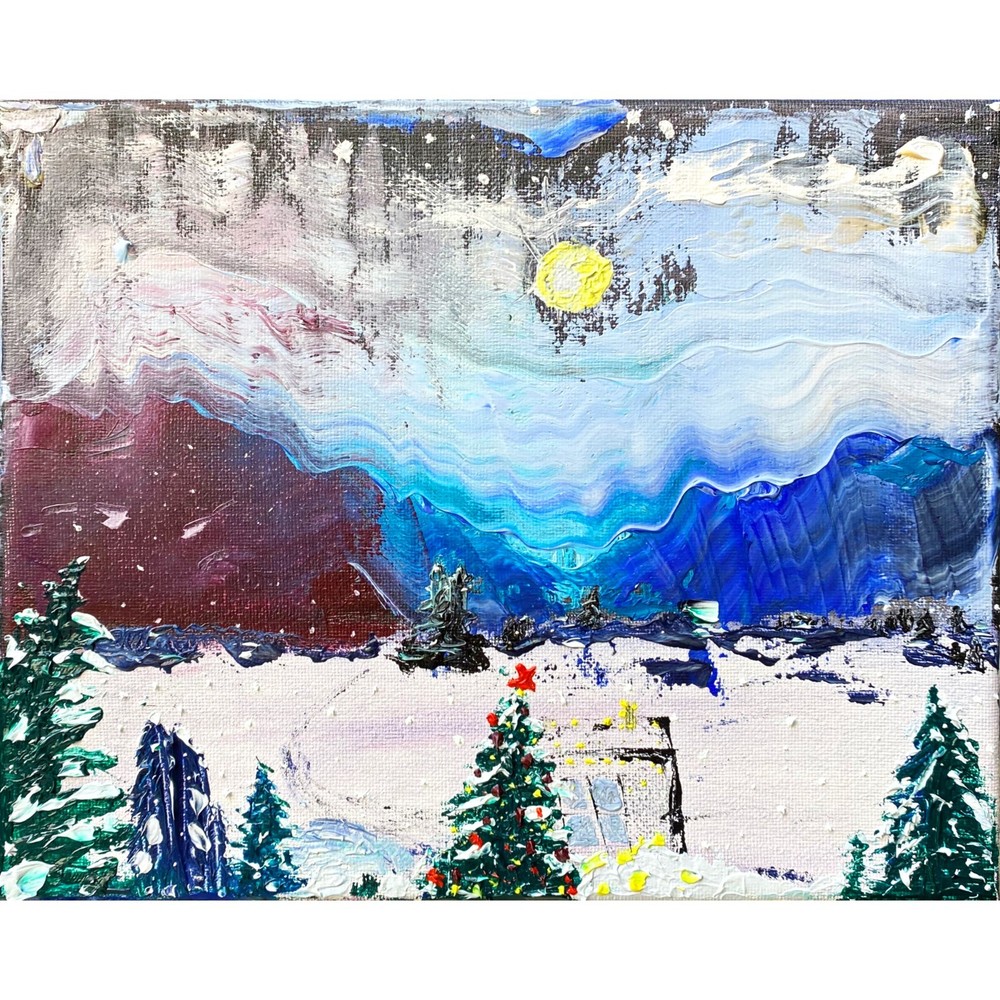 Handmade Christmas Tree Oil Painting Winter Forest Sky Art Gift by MV