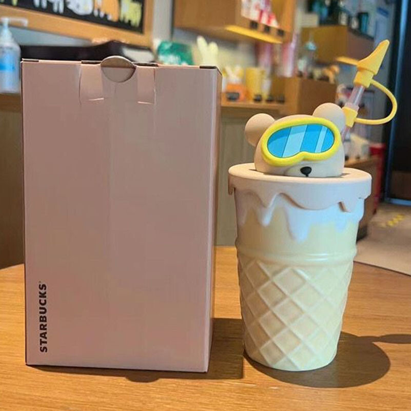 Starbucks China 2021 Cute Diving Bear Topper 370ml Ice Cream Ceramic Straw Cup