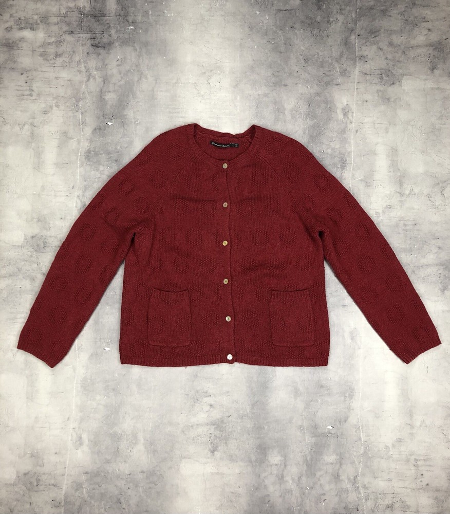 Gudrun Sjoden Sweater Womens L Red Cardigan Wool Button Geometric Knit Pockets