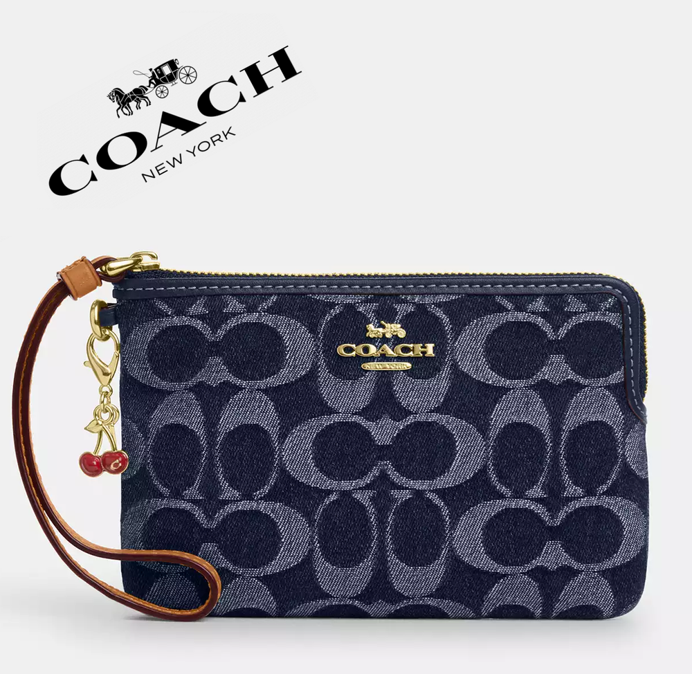 New Coach Denim Zip Wristlet in Signature Fabric Cherry Print  