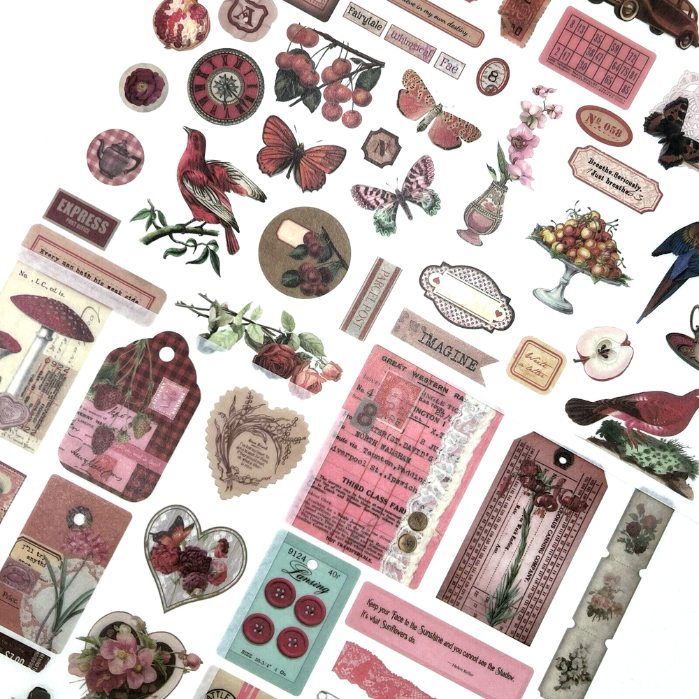 Vintage Style Red Garden Washi Paper Stickers 4 Sheets Junk Journal Collage