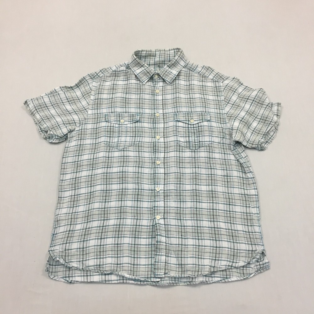 M&S 100% Pure Linen Shirt Mens Large Button Up Short Sleeve Green Check (L)