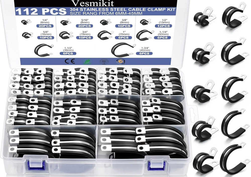112-Piece Cable Clamp Set in 10 Sizes from 1/4 to 1-1/2 Inch