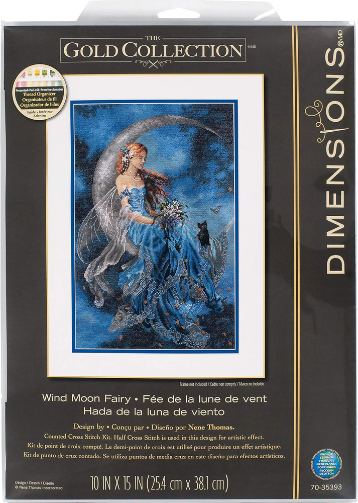 70-35393 Wind Moon Fairy Gold Cross Stitch Kit, 16 Count Grey Aida