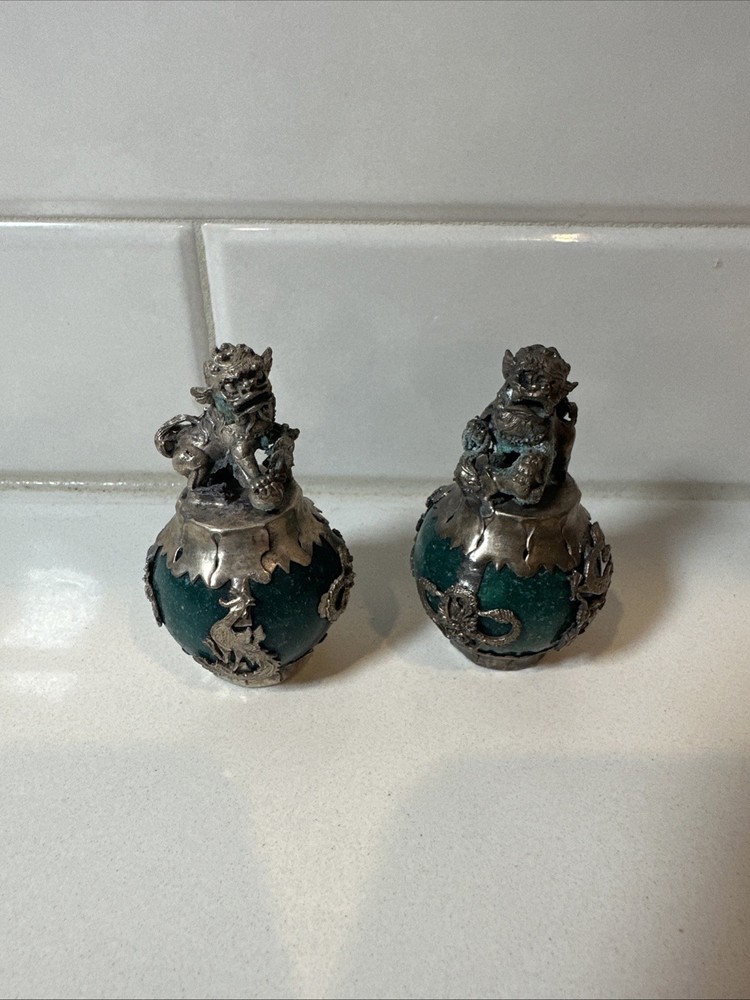 Exquisite Chinese Silver Dragon Inlaid Green Jasper HandCarved Pair Lion Statue