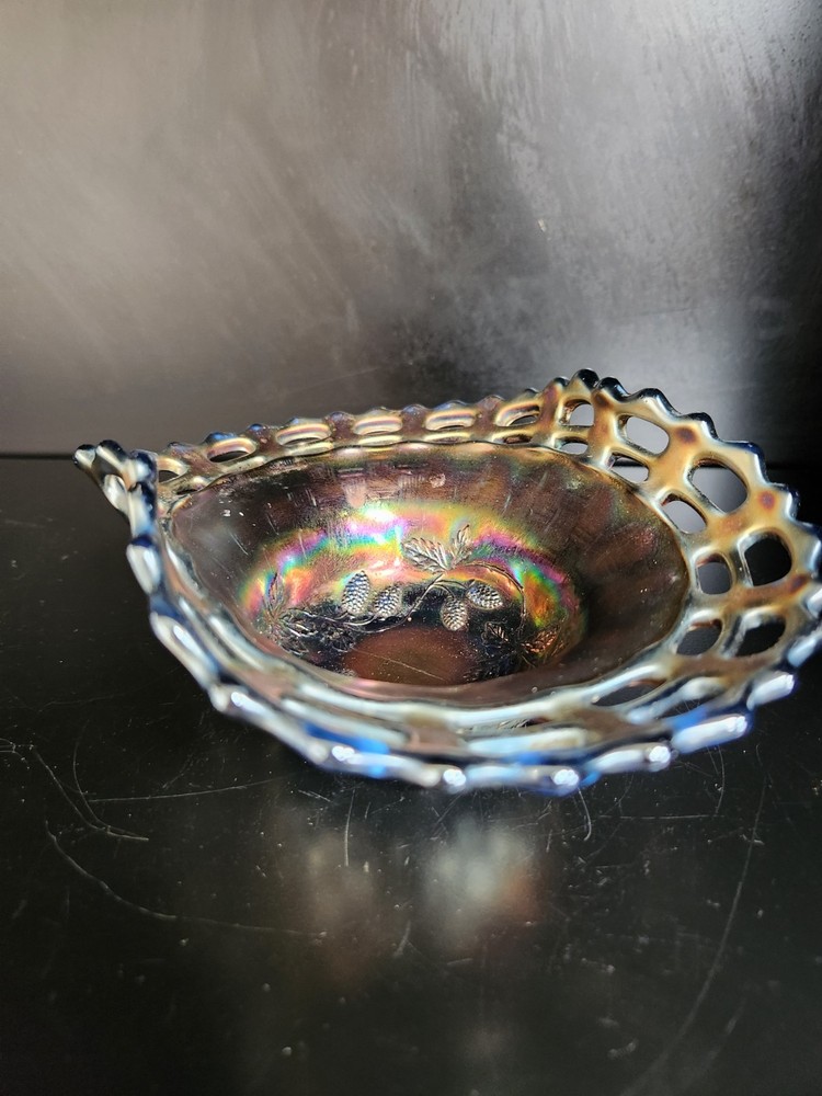 Fenton Basket Weave Gold Blue Iridescent Bon Bon Dish with Open Lace