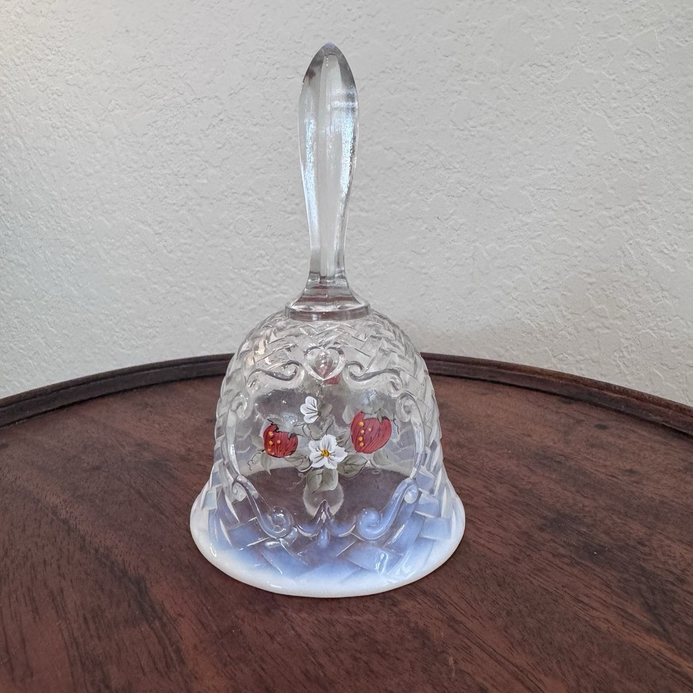 Fenton Opalescent Basket Weave Hand Painted Strawberries Signed Glass Bell