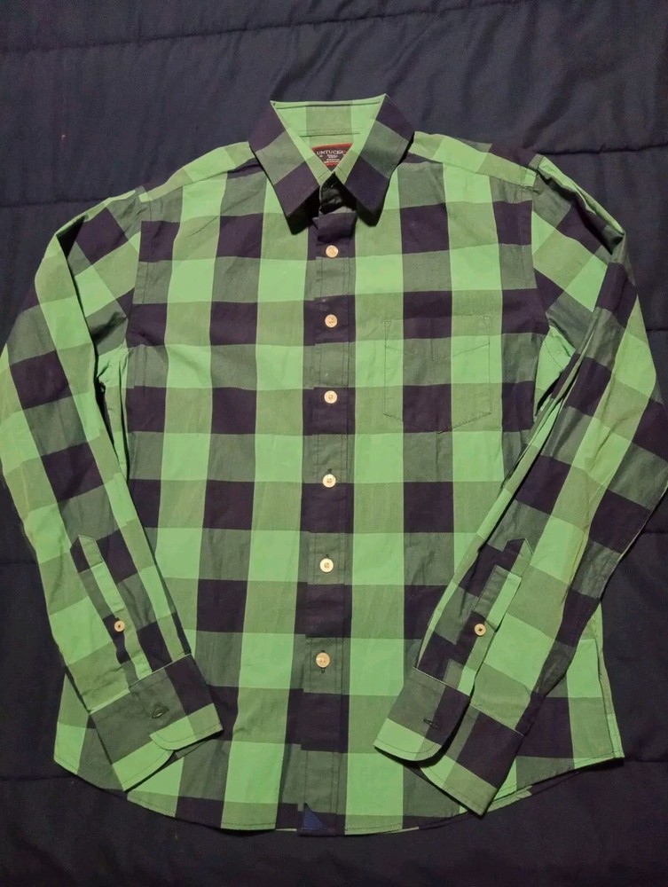 UNTUCKit Shirt Mens Small Blue Green Plaid Button Up Short Sleeve Slim Fit