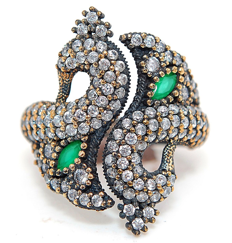 Handcrafted Ottoman Empire Inspired 2CT Treated Emerald 925 Sterling Silver Ring Size 9 HB3-5 Elegant Vintage Design