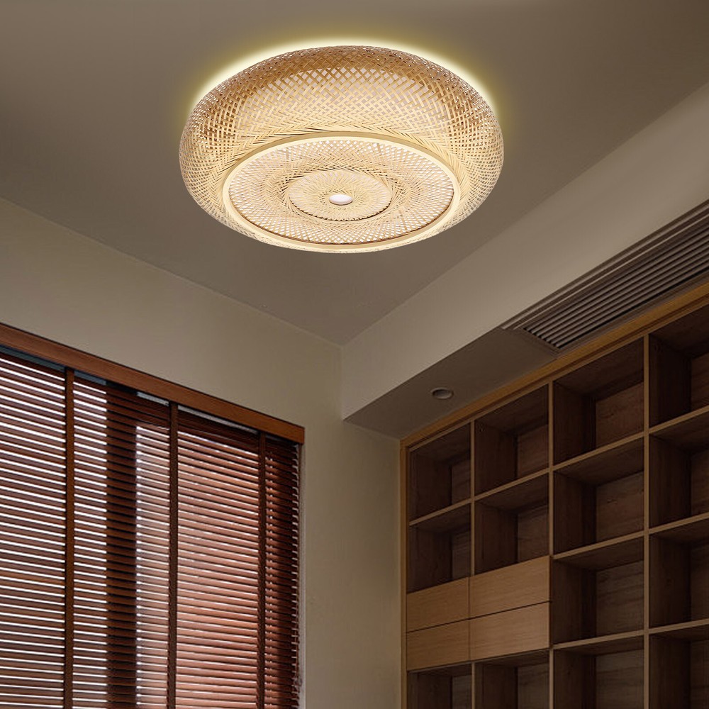 Rustic Round Rattan Ceiling Lamp for Bedroom 110V Natural Style