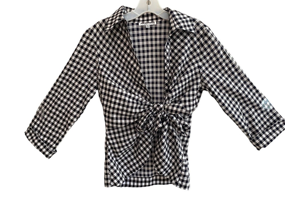 Mischa Tie Front Gingham Black/white 3/4 Sleeve Top S