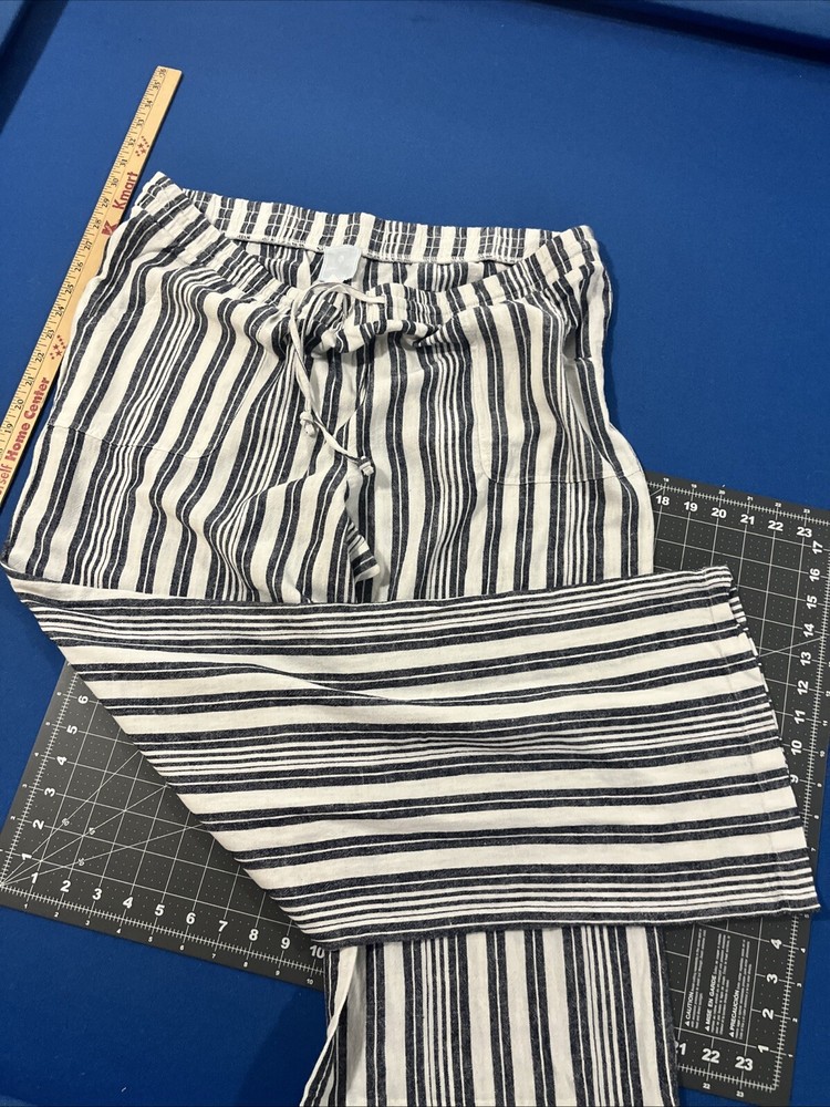 Sunday Linen Lounge Pants Size XL Blue / White Stripe Wide-Leg Baggy Beach