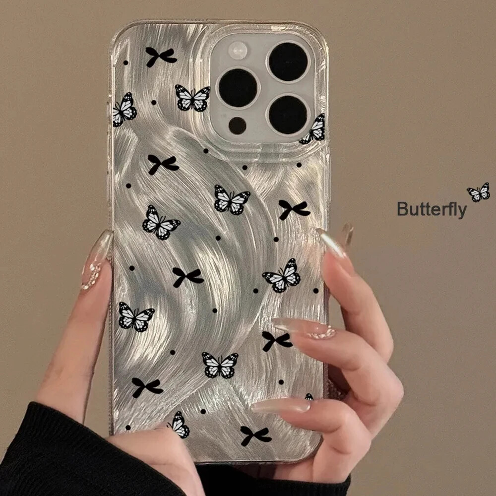 For iPhone 16 15 Pro Max 14 13 12 11 Plus Black Butterfly Matte Phone Case