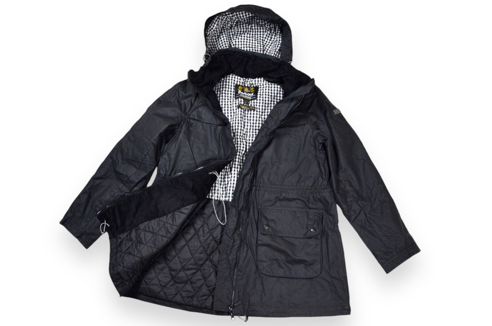 Women's Barbour Roadhouse Parka Jacket International Wax Hood Black Size 16