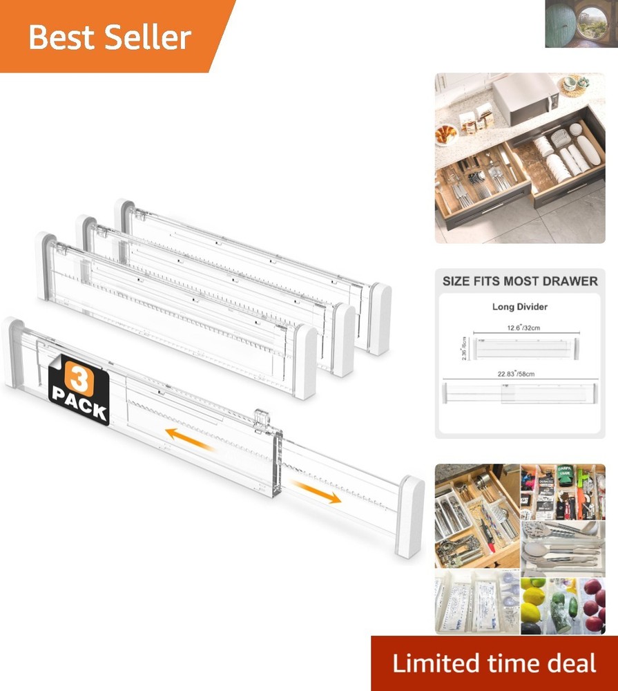 Adjustable Clear Drawer Dividers 12.6-22.8 Inches 3-Pack Organizer