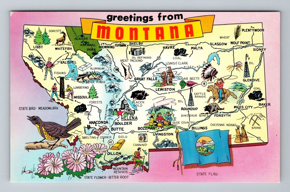 MT-Montana, Scenic Greetings Map Landmarks View, Vintage Postcard