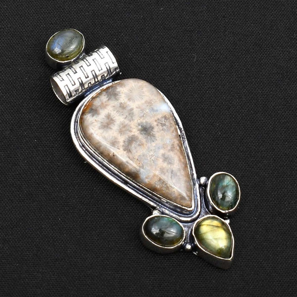 Fossil Coral Labradorite Gemstone Ethnic Pendant Jewelry Gift 2.44