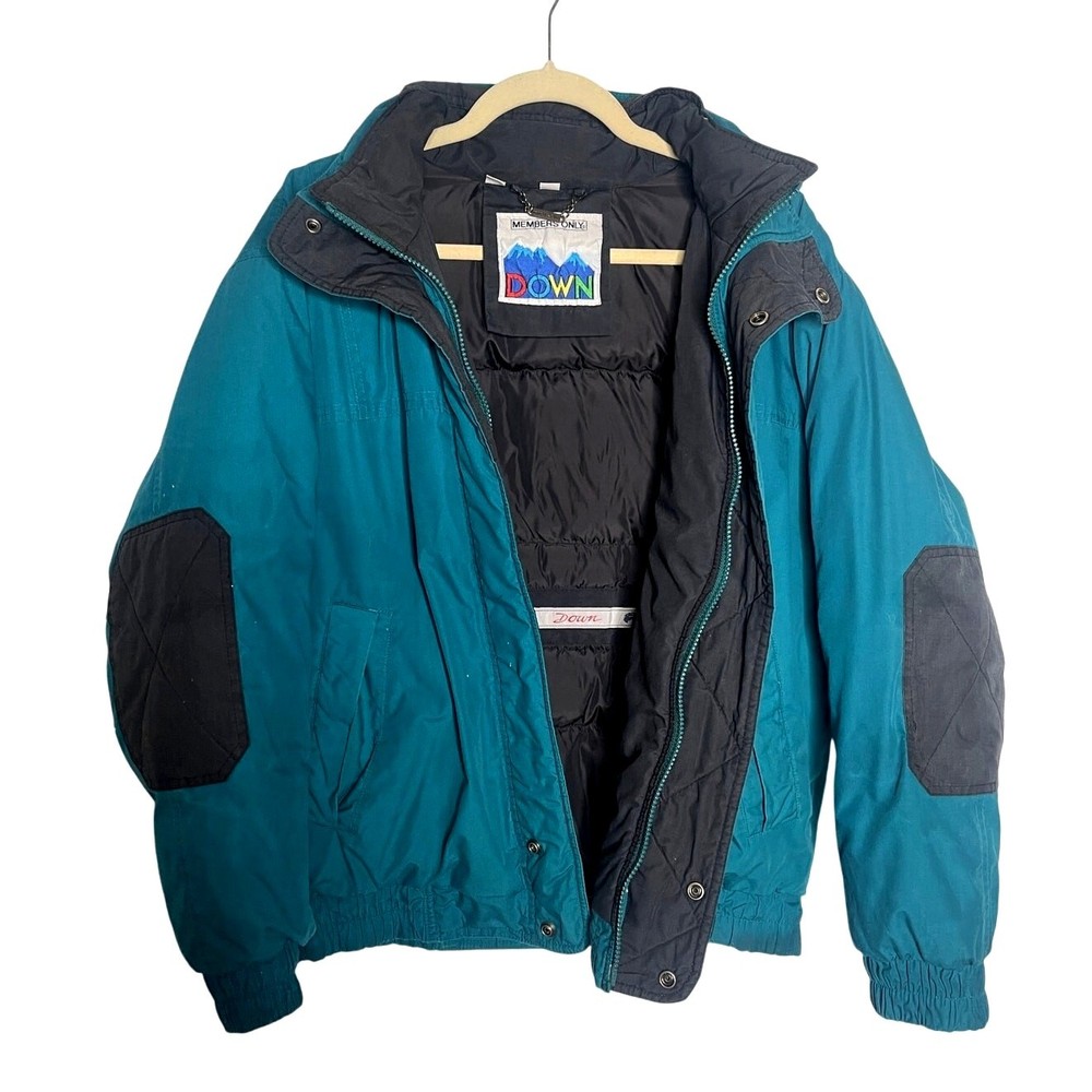 Vintage 90s Members Only M Down Puffer Ski Jacket Blue Black Elbow Pads EUC-image