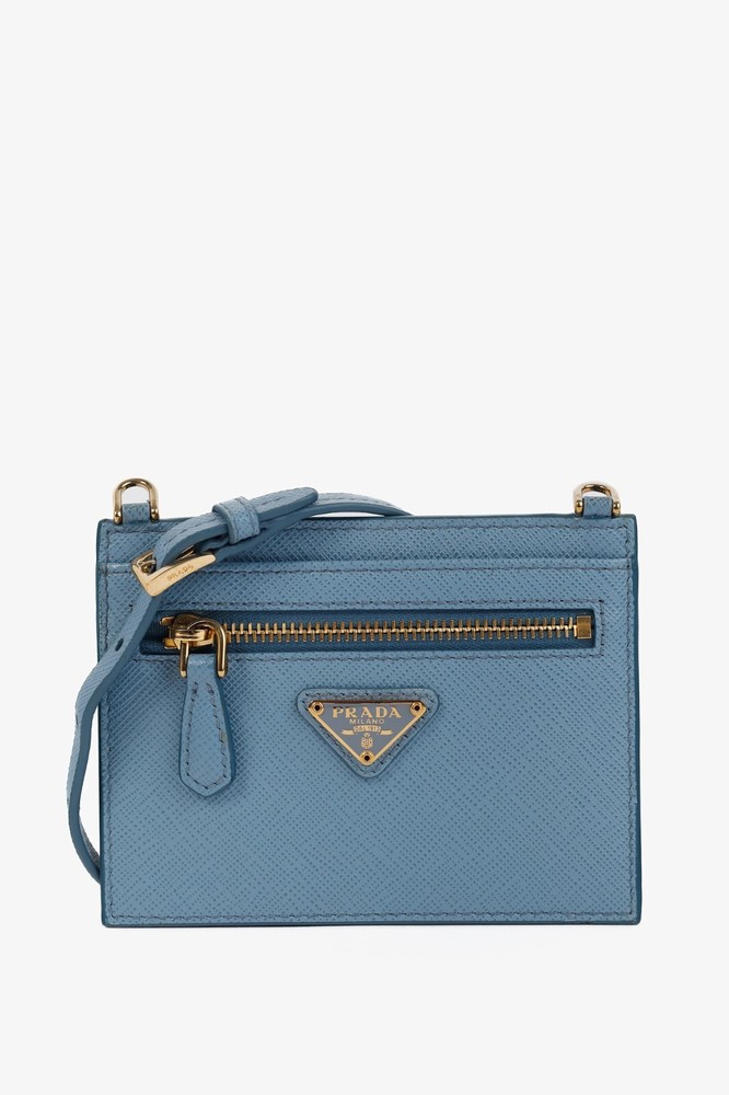 Prada Blue Saffiano Leather Card Holder with Shoulder Strap