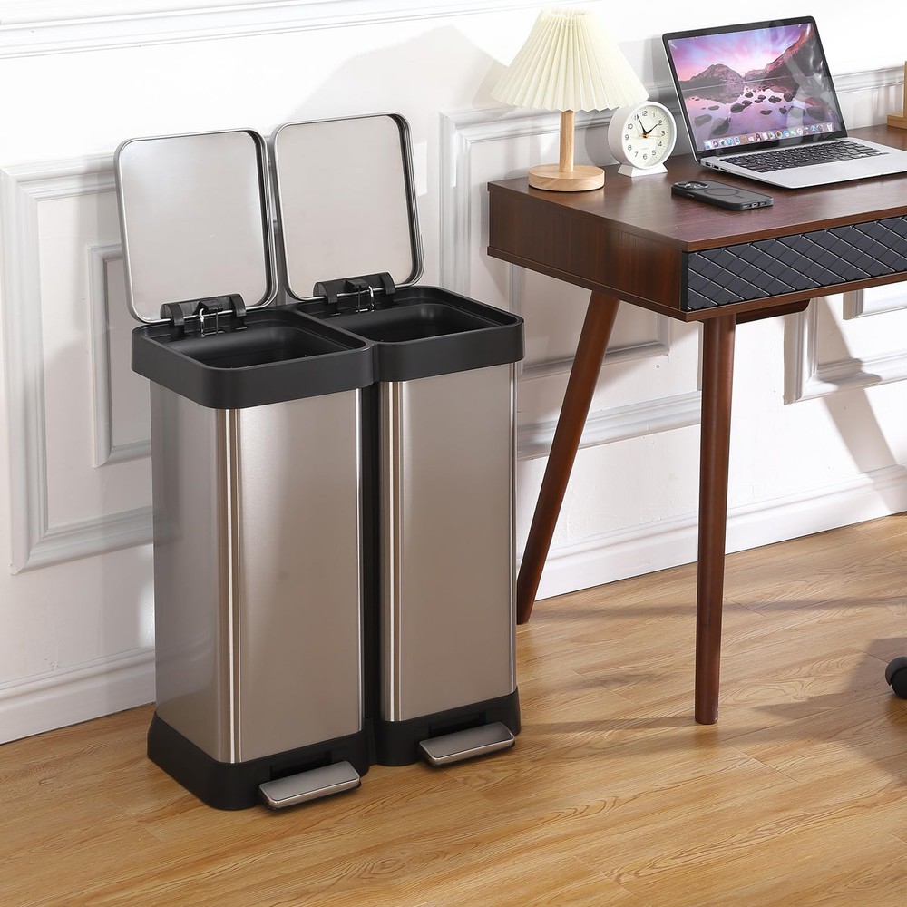 16 Gallon Step-Open Dual Trash and Recycling Bin with Soft-Close Lid, Modern,...