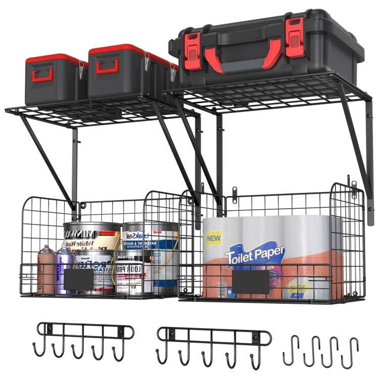 2 Pack Heavy Duty Wall Mount Garage Shelves with Wire Baskets for Storage