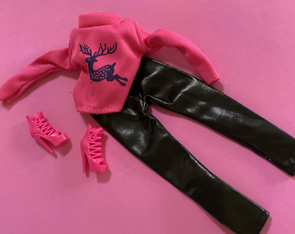 Adorable Barbie Christmas Shocking pink reindeer shirt leather pants Shoes