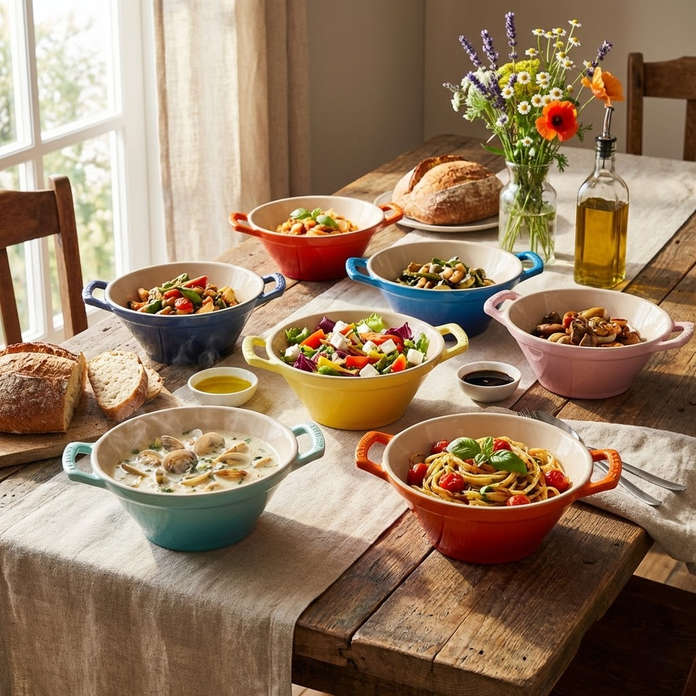 Rare LE CREUSET Stoneware Cassoulet Serving Bowl Noodle Dish Dual Handles 22.2cm