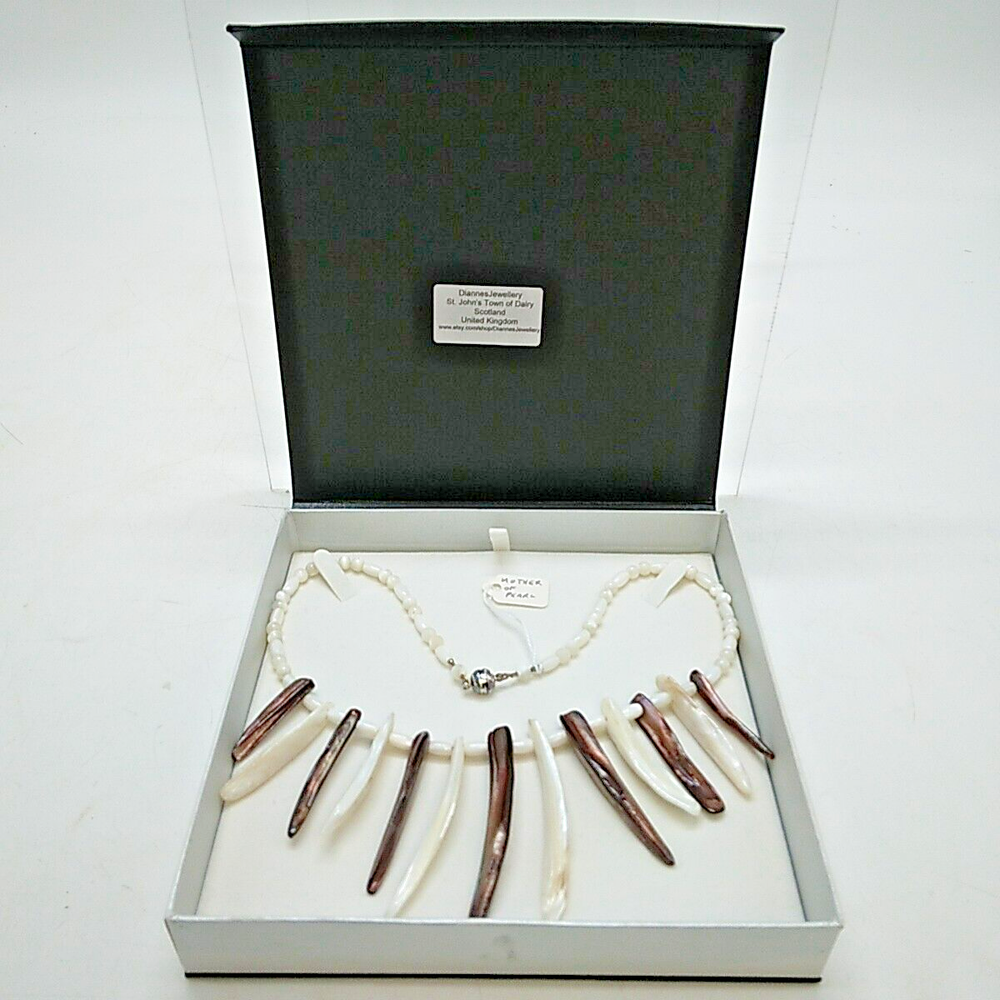 Artisan Necklace, with Mother of Pearl beads in white/brown, Boxed 17.5