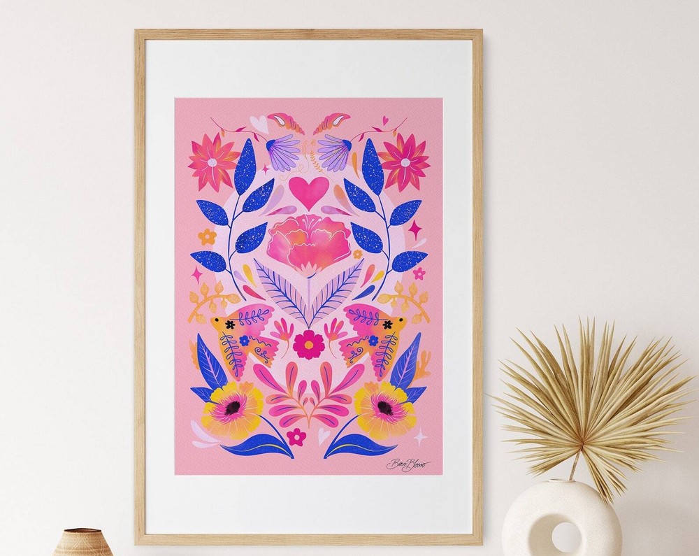 Pink Floral Wall Art Bright Colors Boho Art Print Instant Folklore Art