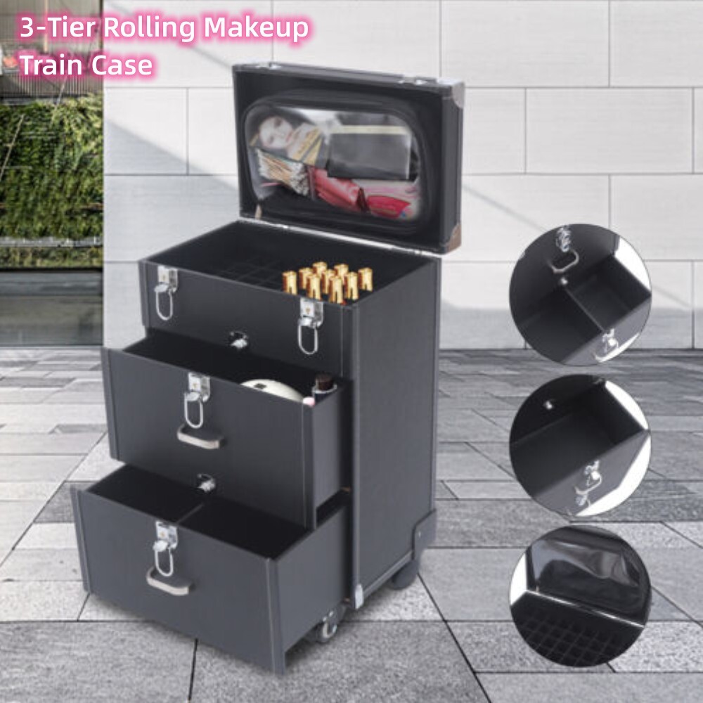 3-Tier Rolling Makeup Train Case Nail Polish Storage Box Organizer Cosmetics BOX