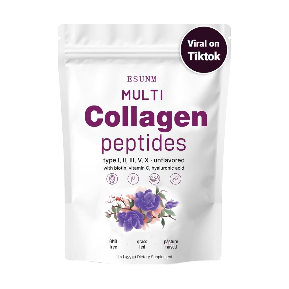 Multi Collagen Peptides Powder Hydrolyzed Protein Peptides Type I II III V X 1LB