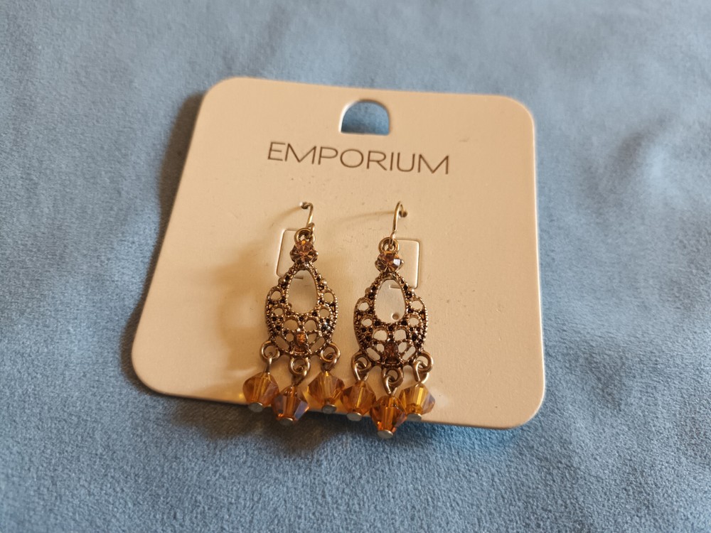 Gold Tone & Orange Bead Boho Dangly Drop Earrings - 5.5cm long - NWT
