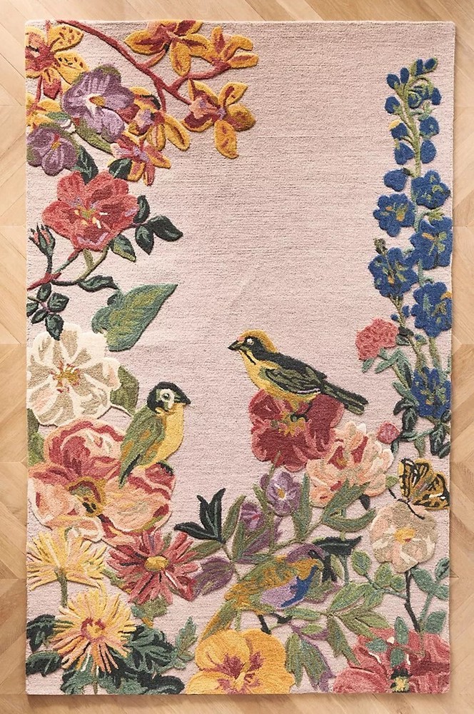 Hand Tufted Rug Nathalie Nete Wool Flower Rug Hand Tuft Rug Animal Print Birds