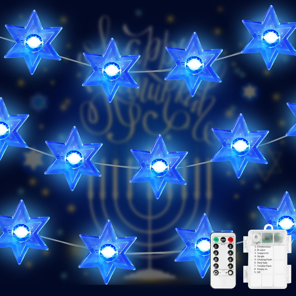 Star of David String Lights Chanukah Decorations, 30LED Blue Hanukkah Lights Cop